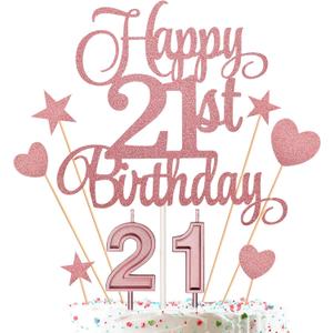 21st Birthday Cake Decorations Set Include 21st Birthday Candles Numeral 21 Cake Candles and Happy 21st Birthday Cake Toppers with Heart Star Cupcake Picks for Birthday Party (Rose Gold Series)