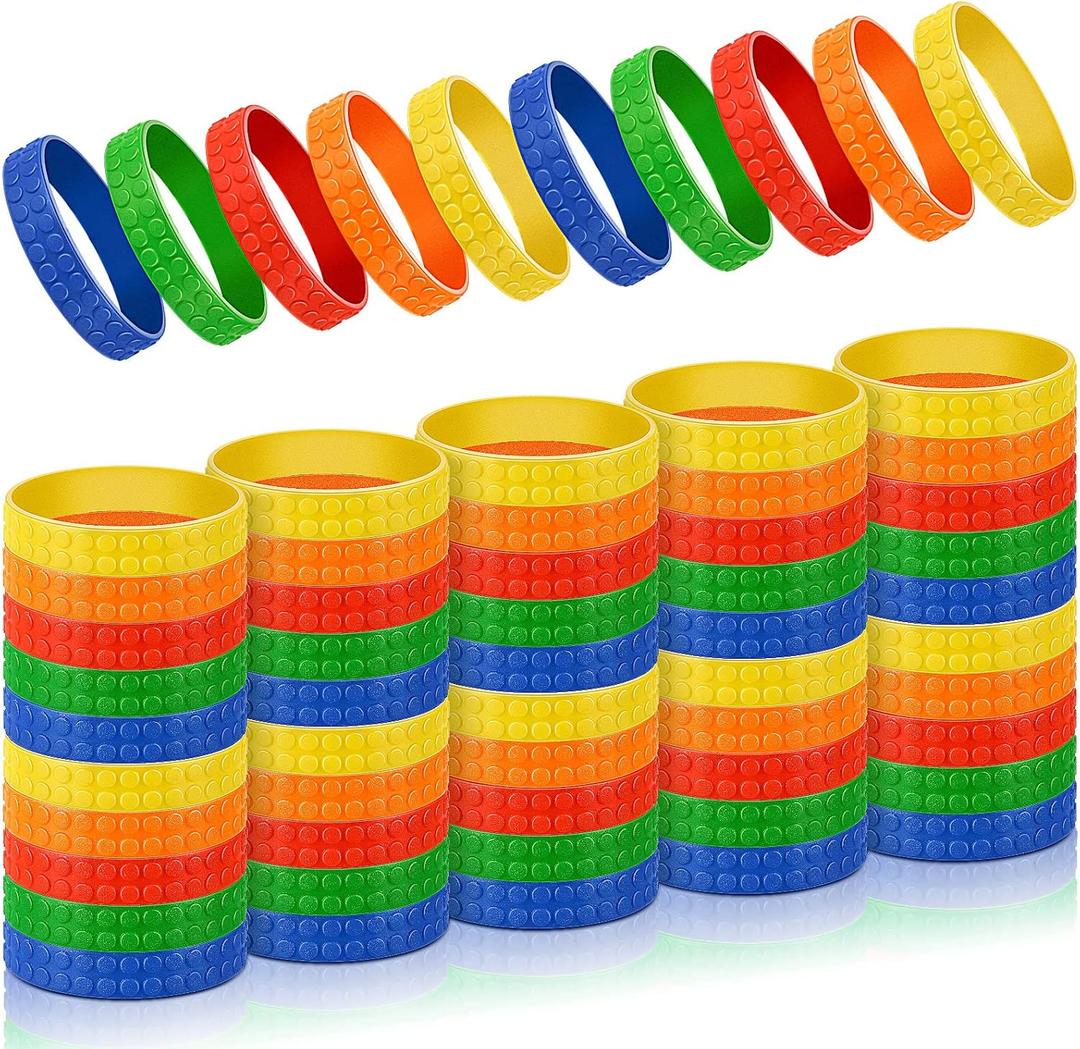 Civaner 60 PCs Building Block Bracelets Party Favors Goodie Bag Bulk Rubber Bracelets Silicone Wristbands Colorful Decorations for Birthday Carnival Prize Supplies Piata Fillers Prizes 5 Colors