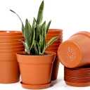 WOUSIWER 16 Pack 6 inch Plastic Planters, Plastic Indoor Planter Flower Pots, Heavy Duty and Stylish 6 Inch Plant Pots for Indoor Plants with Drainage Holes and Tray for Plants, Flowers, Terracotta