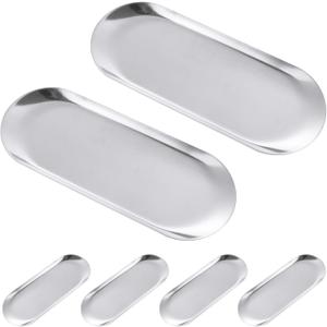 CYEAH Stainless Steel Decorative Tray Set of 6, Silver Decorative Tray 9 inch, Oval Jewelry Dish Bathroom Vanity Small Serving Trays Candle Holder, Stainless Steel Cosmetics Perfume Trays