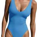 LASLULU Womens Sexy V Neck Swimsuits Summer Swimming Suits Bikini Top One Piece Bathing Suits Beach Outfits Swimwear Built in Bra(Sea Blue Small)