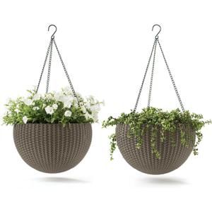 Keter Resin Rattan Set of 2 Round Hanging Planter Baskets for Indoor and Outdoor Plants-Perfect for Porches and Patio Decor, Taupe