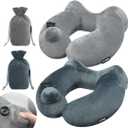 2 Pack Inflatable Travel Neck Pillow with Compact Bag and Washable Cover for Sleeping Airplane Soft Velvet Pillow for Long Flight Neck Cushion for Head Support Car Home Office (Greygreen 2 Pack)