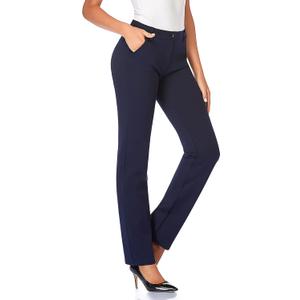 Tapata Women's Stretchy Straight Dress Pants with Pockets Tall, Petite, Regular for Office Work Business (32", Navy Blue, L)