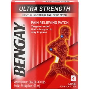 Ultra Strength Bengay Pain Relief Patches, Large Topical Analgesic Menthol Patches for Muscle & Joint Pain Due to Backaches, Minor Arthritis, Sprains, & Strains, 3.9 x 7.9 inches, 4 Count