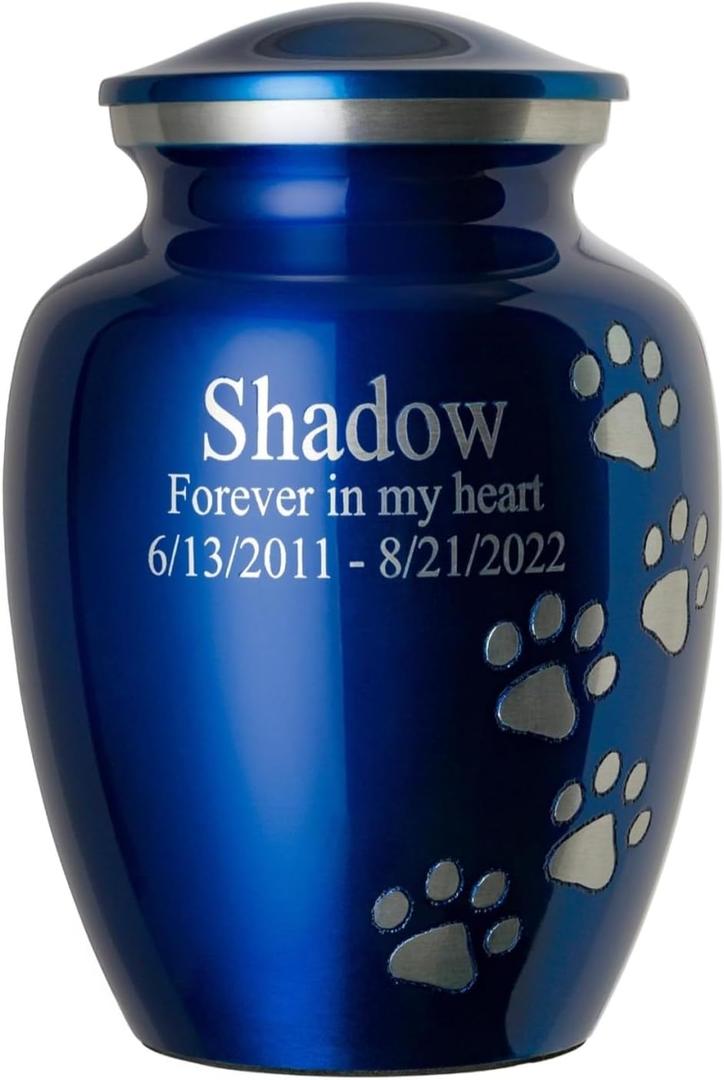 Pet Urn for Dogs and Cats with Personalized Laser Engraving, Ottillie Paws Premier Series Memorial Urns (Small Sapphire Blue with Vertical Pewter Paws)