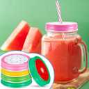 Dandat 52 Pcs Metal Regular Mouth Mason Jar Lids with Straw Hole Striped Plastic Straws Cleaning Brushes Fruit Pattern Decoration Lids Decorative Mason Jar Covers for Drinking Party Favor Canning Jars