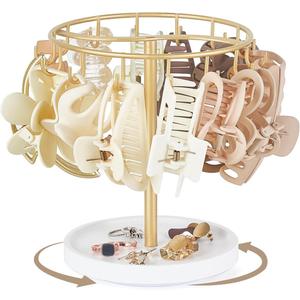 Dahey 360 Degree Rotating Claw Clip Organizer, Metal Hair Clip Holder with Wood Base and 14 Hooks Storage Display Hair Accessories Bracelets Keychains Jewelry for Girls Women Bedroom Dorm Vanity Decor