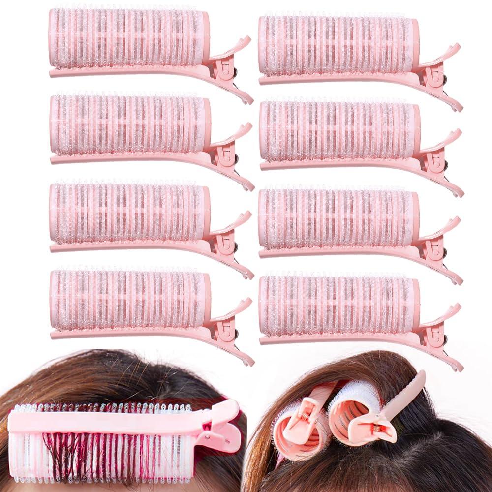 Ouliget 2 in 1 Bangs Hair Rollers with Clip Hair Styling Clips Set, Volumizing Hair Root Lifting Clip, Portable Bangs Curler DIY Hairs Volume Clips for Fluffy Hairstyles,8 PCS (Pink)