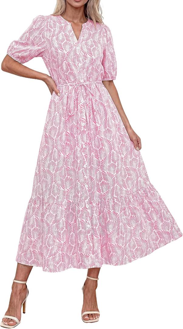 Okiwam Summer Dresses for Women 2026 Casual V Neck Short Sleeve Boho Floral Midi Dress Button Down Beach Vacation Sundress (XXL)