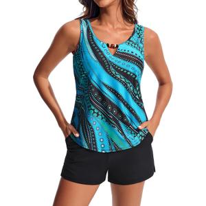 Hanna Nikole Women 2 Piece Tankini Swimsuits, Modest Bathing Suit, Beads V Neck Swimwear with Sporty Swim Shorts Pockets (Blue, L)