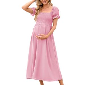 Women's 2023 Maternity Dress Summer Square Neck Smocked Long Dress Short Puff Sleeves Baby Shower Pregnancy, Pink, Medium