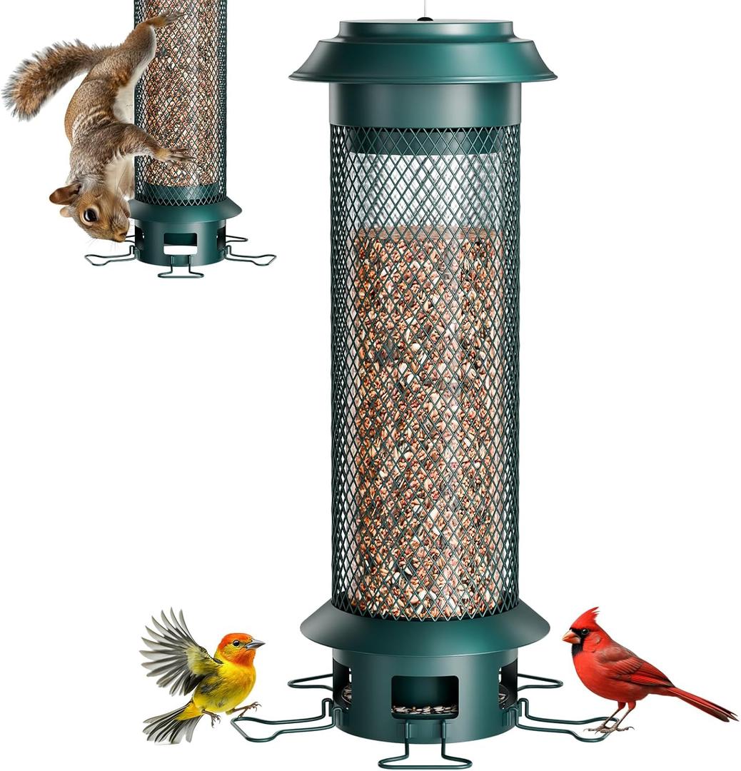 Large Squirrel-Proof Bird Feeder with Removable Tray, Weight-Activated Outer Cage, 5 Perches, 4 lb Capacity, Easy to Fill & Spill-Proof, Tube Bird Feeder for Outdoor Cardinals, Finches (Green)