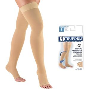 Truform 15-20 mmHg Compression Stockings for Men and Women, Thigh High Length, Dot Top, Open Toe,  Beige, Large (1 Pair)