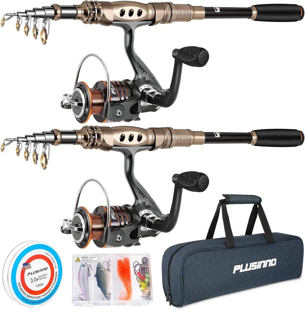 PLUSINNO Fishing Rod and Reel Combos Carbon Fiber Telescopic Fishing Pole with Reel Combo Sea Saltwater Freshwater Kit Fishing Rod Kit (1.8M 5.91FT, 2PACK Full Kit with Carrier Case)