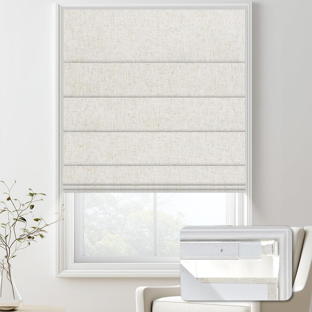 No Drill Blackout Roman Shades for Indoor Windows,Cordless Roman Blinds,Linen No Tools Window Shades,Easy to Install Window Blinds for Home Bedroom,Blackout-Linen Beige 32" W x 48" H