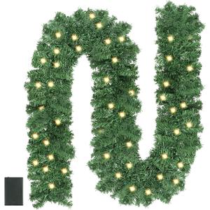 CCINEE 9FT Prelit Artificial Christmas Garland, Green Xmas Garland Battery Operated with 50 Warm LED Lights Lighted Christmas Pine Garland for Mantle Fireplace Stairs Indoor Outdoor Decoration