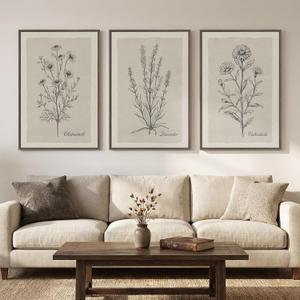 Framed Farmhouse Botanical Canvas Wall Art Set of 3, Large Vintage Neutral Floral Line Artwork for Walls, Minimalist Rustic Sketch Art Prints Panitings for Living Room Bedroom Kitchen, 24x36 Inch, 24W" x 36H"x3Pcs