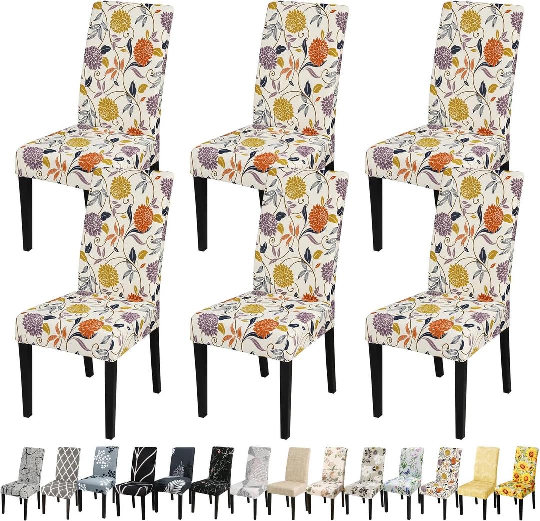JQinHome Pattern Chair Covers for Dining Room Set of 6, High Stretch Removable Washable Parsons Chair Slipcover for Home Party Hotel Wedding Ceremony (Flower,6PCS), 19.7"D x 19.7"W x 23.6"H