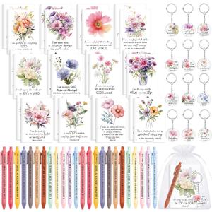 Mooliwe 72 Pcs/24 Set Positive Affirmation Gift Set Gratitude Notebooks with Pens Acrylic Keychains Small Bags Motivational Notepads for Women Coworkers Christmas Adults Party Favors (Watercolor)