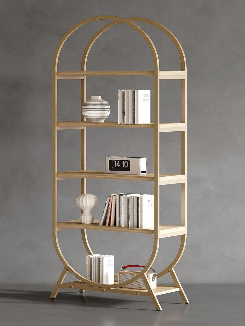 Bookshelf Arched Bookcase, Industrial 5 Tier Open Book Shelves with Metal Frame, 72" Tall Freestanding Display Rack for Home Office, Living Room,Nature Wood and Gold