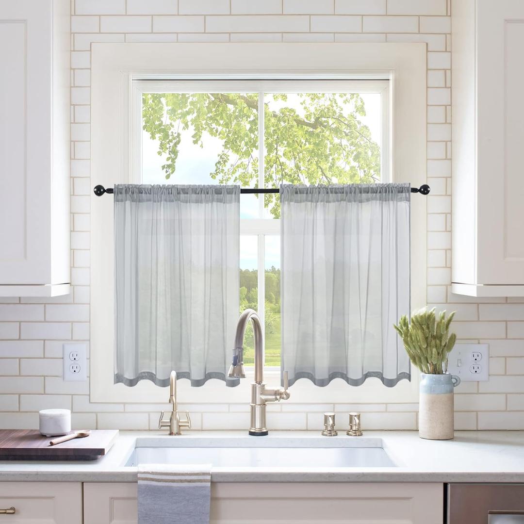 MIULEE Short Sheer Curtains 30 Inch Length for Kitchen Bathroom Cafe Half Window Treatment, Rod Pocket Tier Curtains 2 Panels, 29x30 Inches Long, Dark Grey