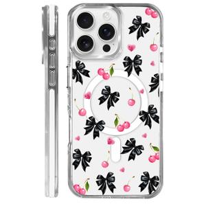 OKBUOK for iPhone 16 Pro Max Case [Compatible with Magsafe],Girls Women Clear Magnetic Case Silicone Shockproof Protective Cover with Pattern Pink Cherry Bow