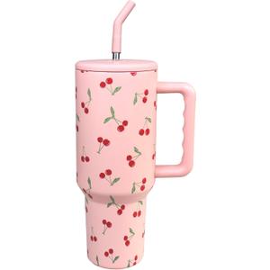 Cherry Tumbler with Straw and Lid Vacuum Insulated 40oz Pink Stainless Steel Cup Gifts for Women Birthday Present Cherry Water Bottle Coffee Cup for Home or Travel