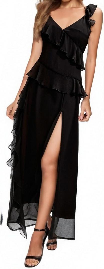Women's Cold Shoulder Short Sleeve Split Thigh Boho Long Dress Beach Maxi Dress Summer Outfits (Medium, Black-1)