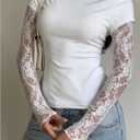 SHENHE Women's Lace Long Sleeve Boat Neck Fitted Tee Fake Two Piece Y2k Going Out Crop Top (White, XS)