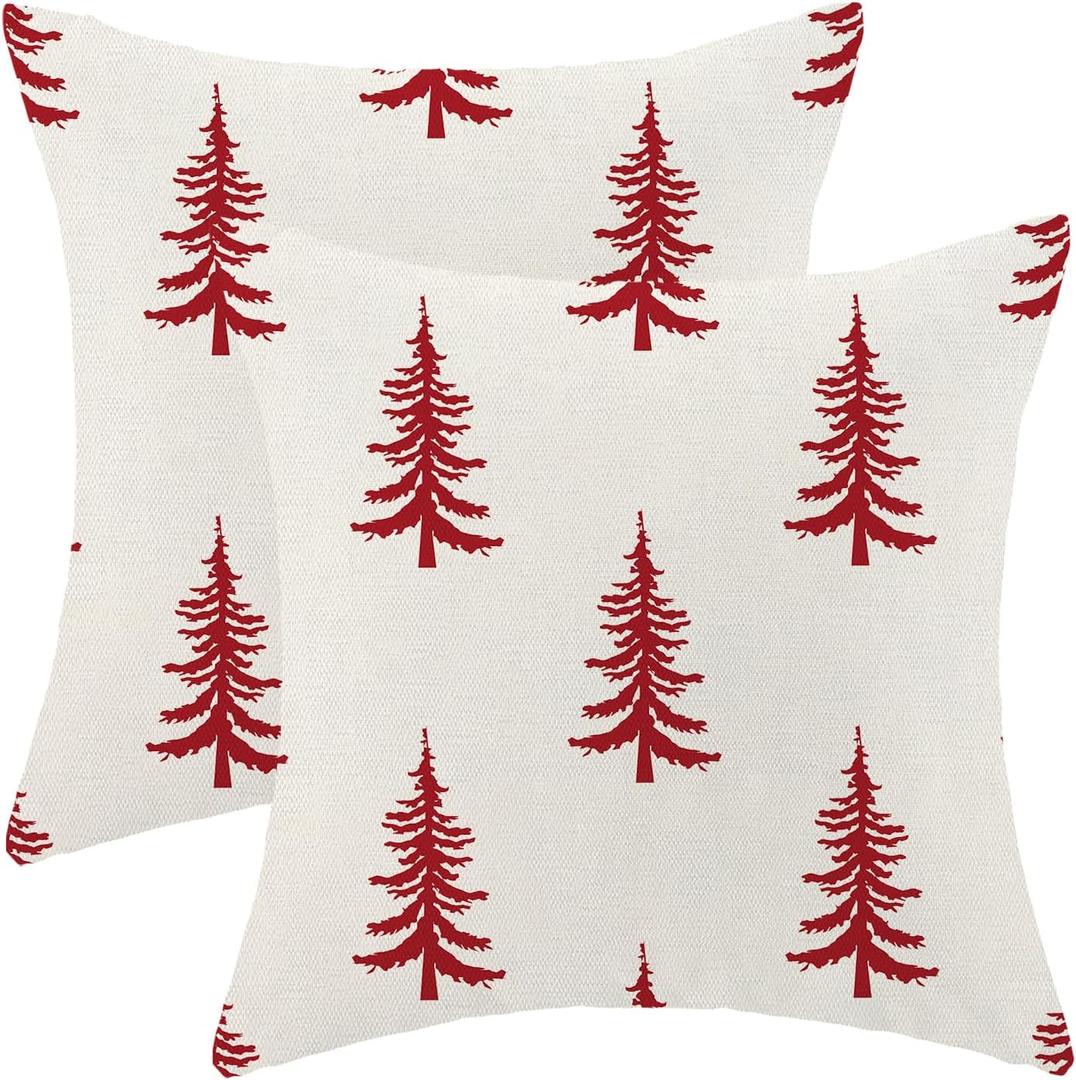 CXMEIFLY Christmas Pillow Covers 18x18 Inch Set of 2 Cream Red Christmas Tree Decor Throw Pillows Winter Xmas Holiday Outdoor Cushion Cases for Couch Bed Decorations