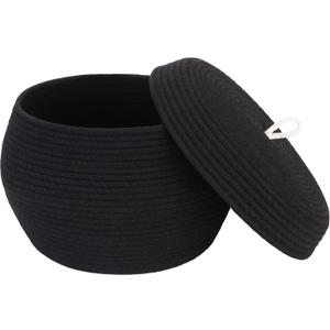 Sea Team Round Cotton Rope Storage Basket with Lid, Decorative Woven Storage Bin, Pot, Caddy, Organizer, Container for Snacks, Towels, Plants, 13 x 9 Inches (Large, Black)