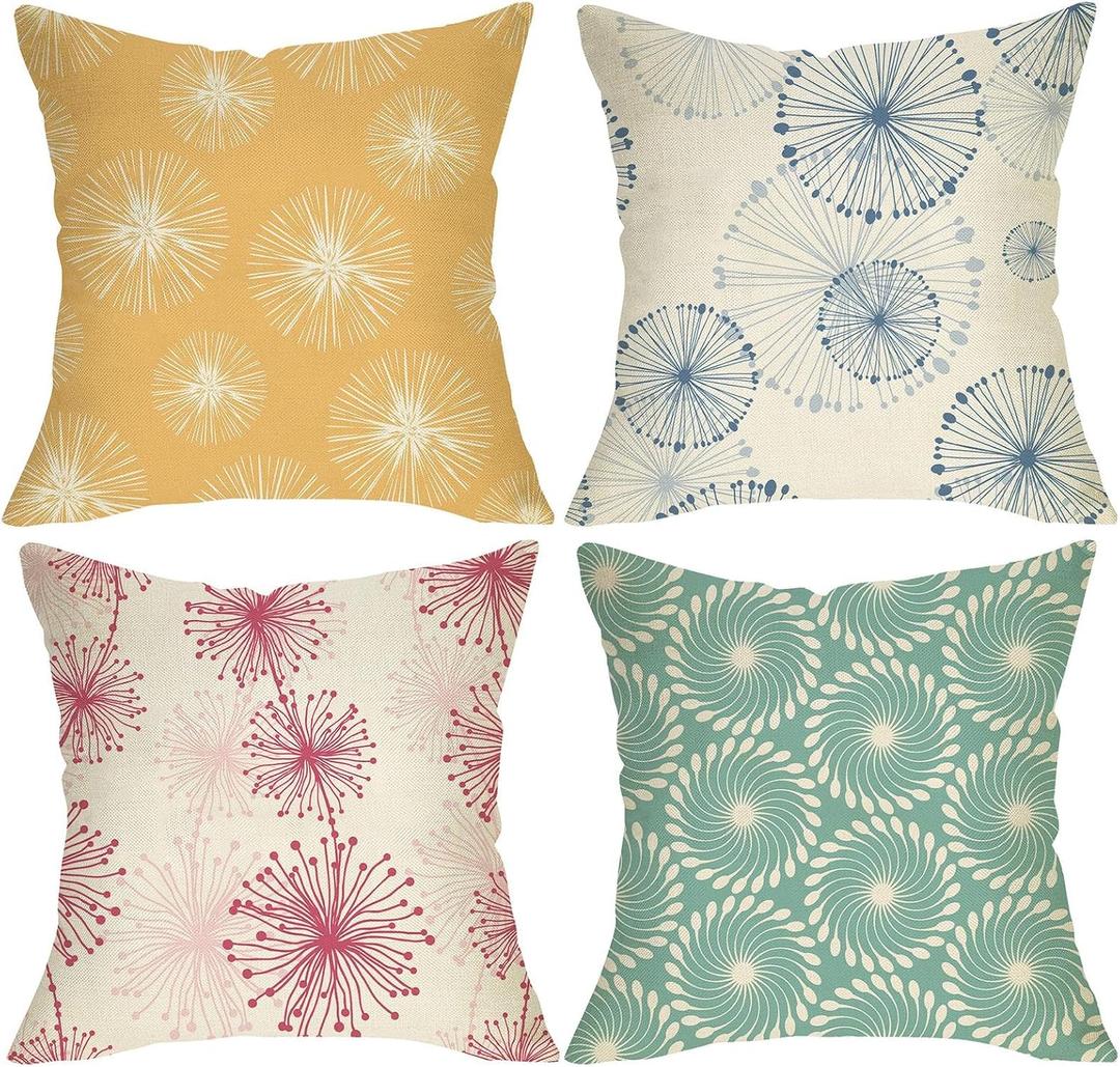 Colorful Dandelion Flower Decorative Throw Pillow Covers 18 x 18 Set of 4, Abstract Floral Blossom Modern Art Geometric Porch Outdoor Home Decor, Spring Summer Botanical Sofa Couch Cushion Case