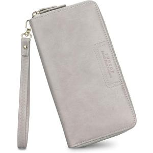 FT FUNTOR Wristlet Wallet for Women, Ladies Zip around Wallet PU Vegan Leather Clutch Long Purse Phone Card Holder Organizer Gray