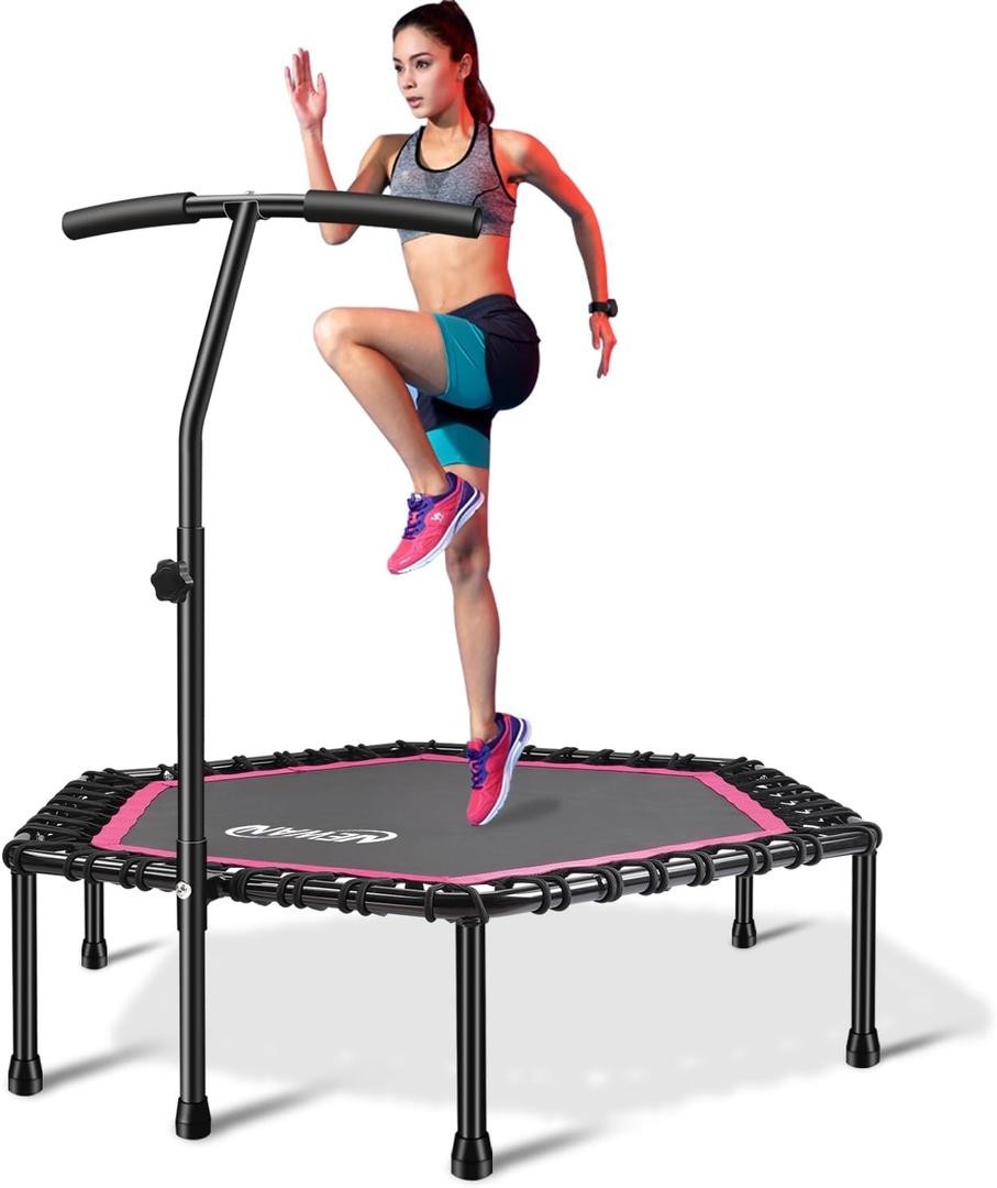 Newan 48'' Fitness Trampoline with Adjustable Handle Bar, Silent Trampoline Bungee Rebounder Jumping Cardio Trainer Workout for Adults - Max Limit 330 lbs (Pink)