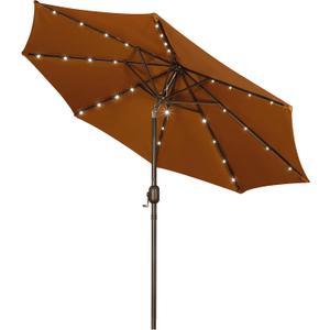 Blissun 9 ft Solar Umbrella 32 LED Lighted Patio Umbrella Table Market Umbrella with Tilt and Crank Outdoor Umbrella for Garden, Deck, Backyard, Pool and Beach, Brown