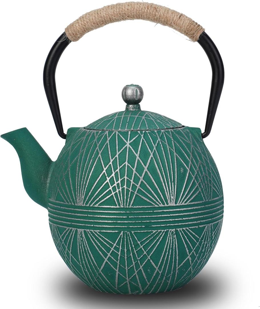 Enameled Cast Iron Teapot 34oz1000ml - Japanese Style Kettle with Removable Stainless Infuser & Ergonomic Handle, Stovetop Safe for Loose Leaf Tea Green and silver (Green and silver)