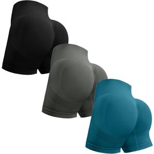 OVESPORT 3 Piece Workout Shorts for Women Seamless Scrunch Butt Lifting High Waisted Yoga Gym Booty Running Short Pants (X-Large, Black/Dark Gray/Cyan)