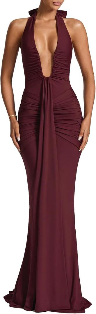 Women Deep V Neck Ruched Maxi Dress Sleeveless Halter Gown Cocktail Evening Formal Dresses (Medium, Wine Red)