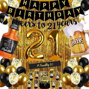 21st Birthday Decorations for Him, Happy Birthday Decorations Black and Gold 21 Birthday Decor with Happy Birthday Banner, Fringe Curtain, Confetti and Latex Balloons
