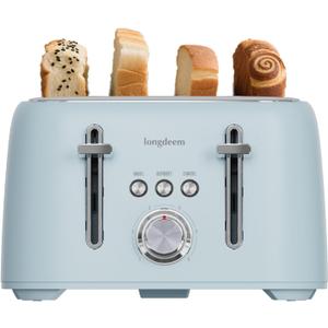 4 Slice Toaster 1.5" Extra Wide Slot - Stainless Steel, High Lift, 6 Browning Settings, Blue