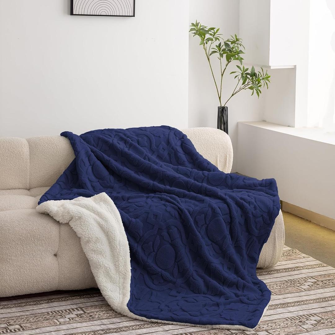Home Fleece Twin 50x70 Inches Blanket for Couch, Bed, TV, Party, and Gift - 3D Jacquard Decorative Blankets - Cozy Soft Blanket, All Seasons, Flower Navy Blue, 50"x70"