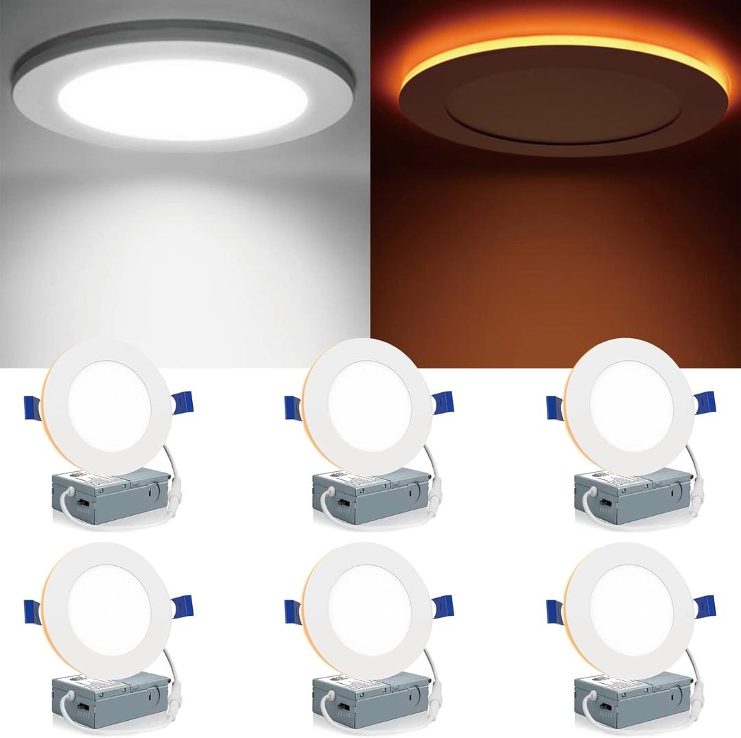 Meconard 6 Pack 4 Inch 5CCT LED Recessed Lighting with Night Light, 2700K/3000K/3500K/4000K/5000K Selectable Ultra-Thin LED Recessed Ceiling Lights, 9W=75W, 750LM, Dimmable Canless Wafer Downlight (White)