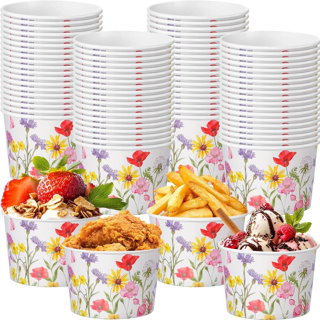 Hsei 60 Pcs 16oz Floral Disposable Soup Bowls Ice Cream Cups Flowers Snack Paper Bowls Wildflower Dessert Sundae Yogurt Cups Hot Cold Drink for Holiday Spring Party Supplies