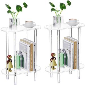 Clear Acrylic Narrow Side Table Set of 2 for Small Spaces, 15.75" L x 7.87" W x 19.82" H, 2 Tier Oval Slim End Table Nightstand, Small Skinny Bedside Table for Bedroom, Bathroom, Living Room