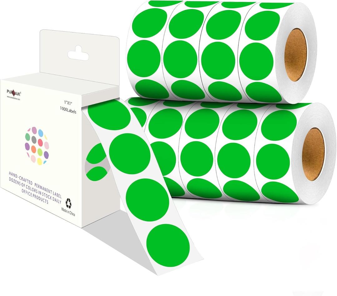 PARLAIM 1 Inch Round Adhesive Color-Code Dot Stickers,10000per 10 Rolls dots Label Dispenser Box, Green Circle Stickers Label for Office Home (Green)
