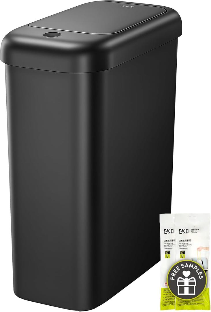 EKO Morandi Slim Automatic Bathroom Trash Can with Lid, 2.6 Gallon Touchless Garbage Can, Waterproof Motion Sensor Trash Bin for Bathroom, Office, Black