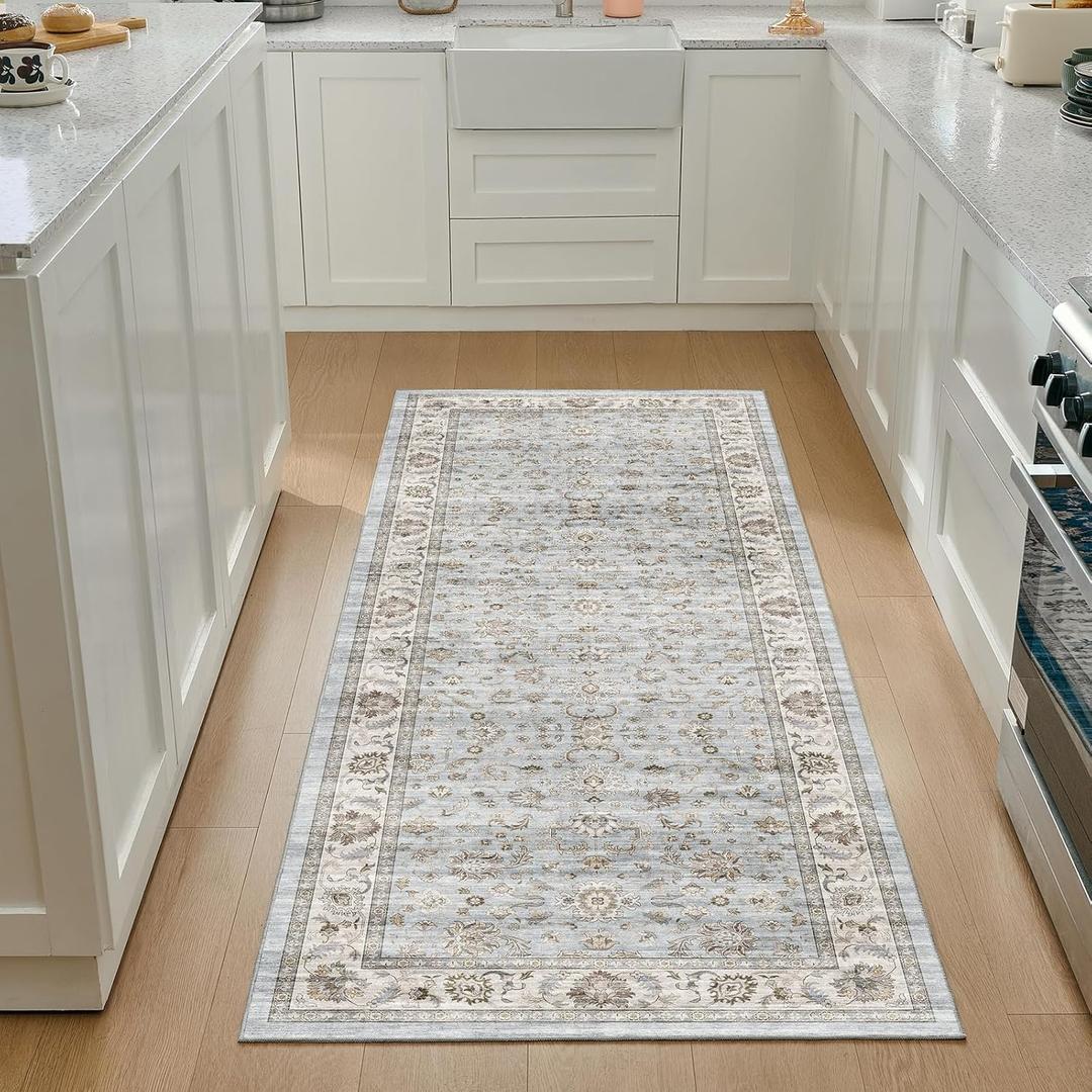 WITSHOCK 3x8 Runner Rugs for Hallway Bathroom: Machine Washable Non Slip Vintage Carpet - Low Pile Lightweight Print Rug for Kitchen Laundry Room Bedroom Beside Rug - Pet & Kids Friendly (Light Blue)