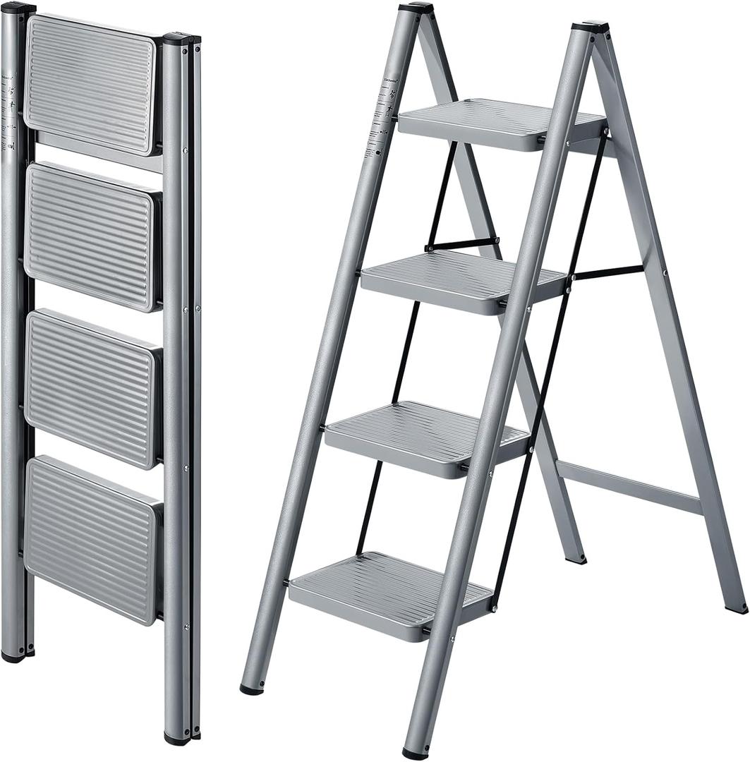XinSunho 4 Step Ladder, Folding Step Stool with Anti-Slip Wide Pedal, Portable Sturdy Steel Ladder 4 Steps, 330lbs Safety Kitchen & Household Ladder (Gray)