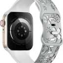 Floral Engraved Band Compatible with Apple Watch Band Women 40mm 38mm 41mm 42mm 44mm 45mm 46mm 49mm, Soft Silicone Two-Tone Flower Sport Strap for iWatch Series 10 9 8 7 6 5 4 3 2 1 SE Ultra